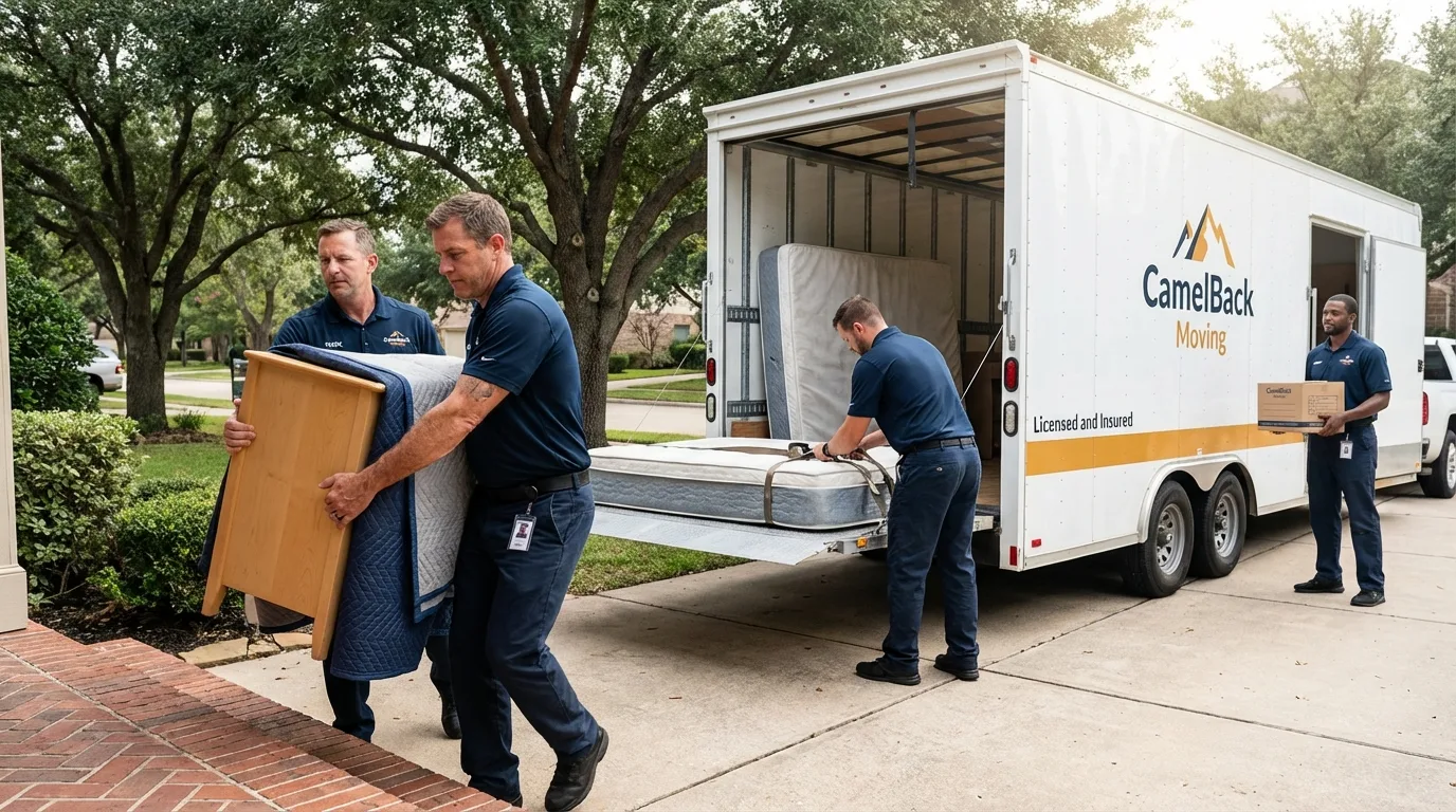 Crew loading residential truck for cross-state move from Warsaw, NY
