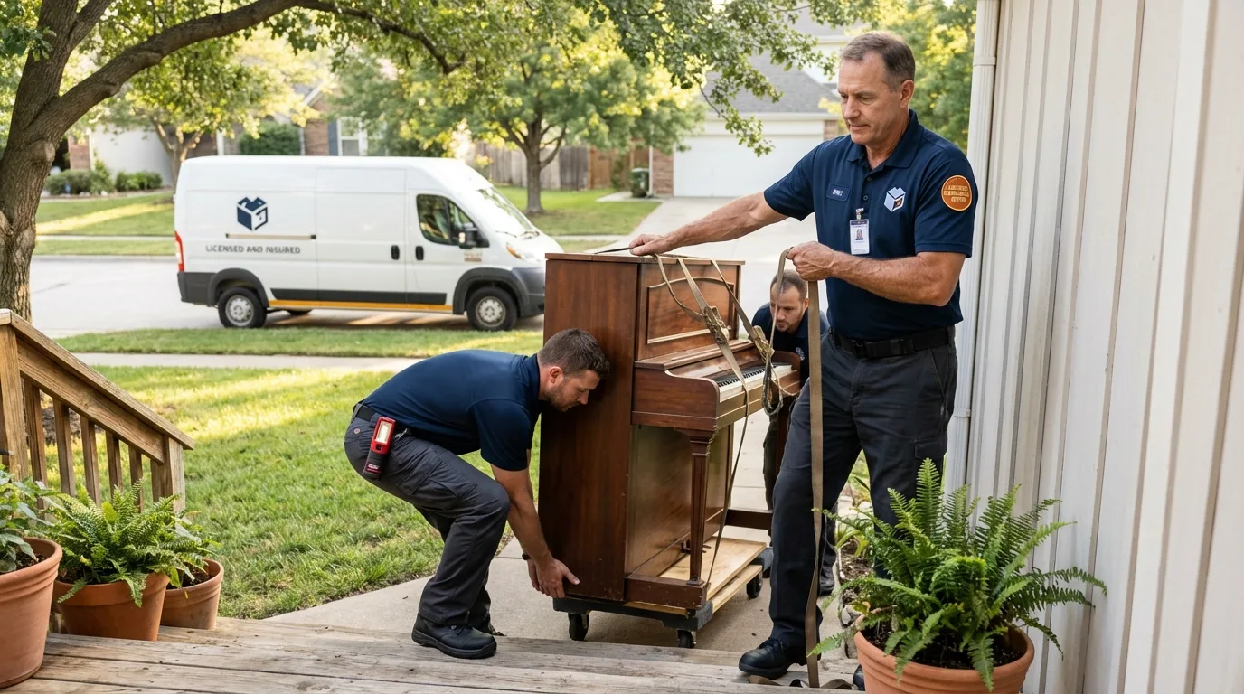 Licensed piano movers securing grand piano in Warsaw, NY