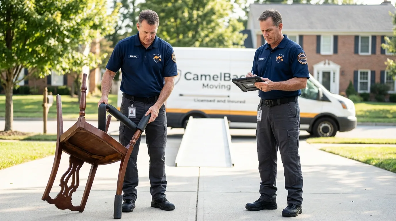 Movers inspecting furniture for damage prevention before loading in Warsaw, NY
