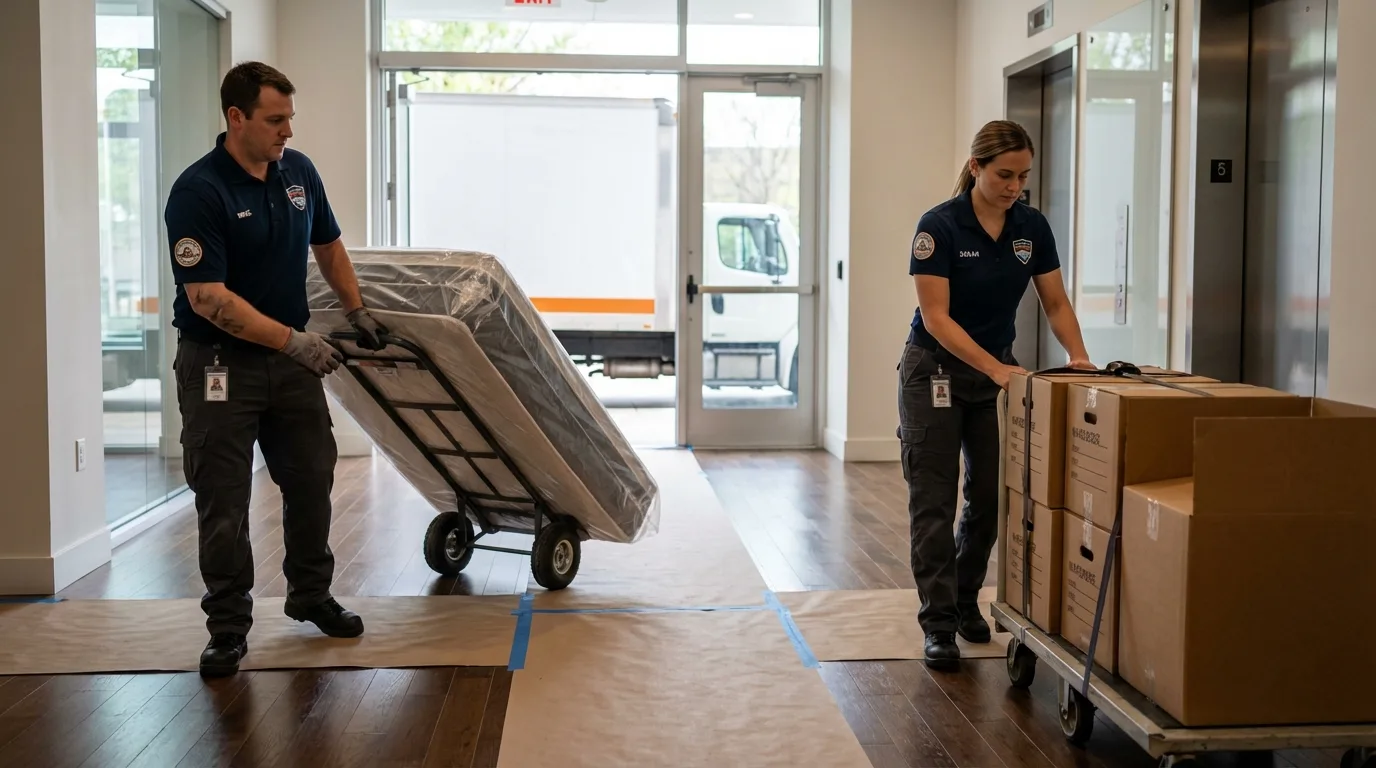 Professional apartment movers loading elevator in Warsaw, NY