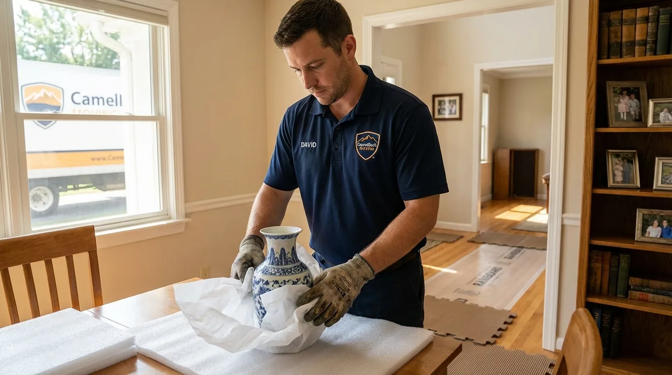 Professional crew carefully wrapping antique vase for senior downsizing move in Warsaw, NY